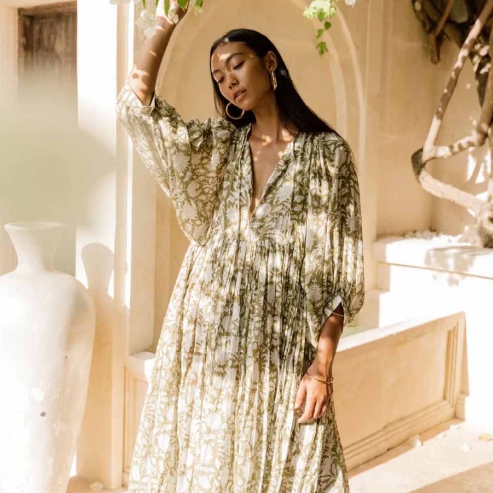 Kyra Midi Dress, Olive. Made By Daughters Of India